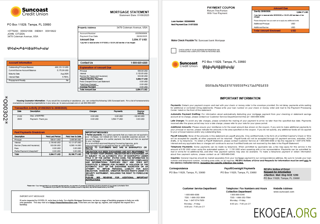 Relevé hypothécaire de la banque USA Suncoast aux formats Word et PDF 1 , 2